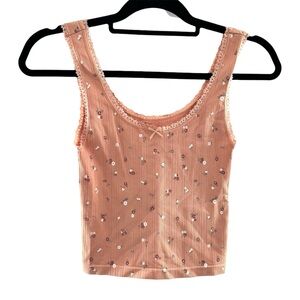 Gypsy & Jade Cropped Peach Ditsy Floral Tank Top Lace Trim Coquette Soft Girl